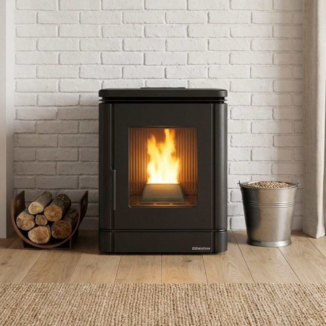 Poêle à granulés PEGGY CX 6 Kw gris anthracite allumé dans intérieur moderne avec mur de briques blanches
