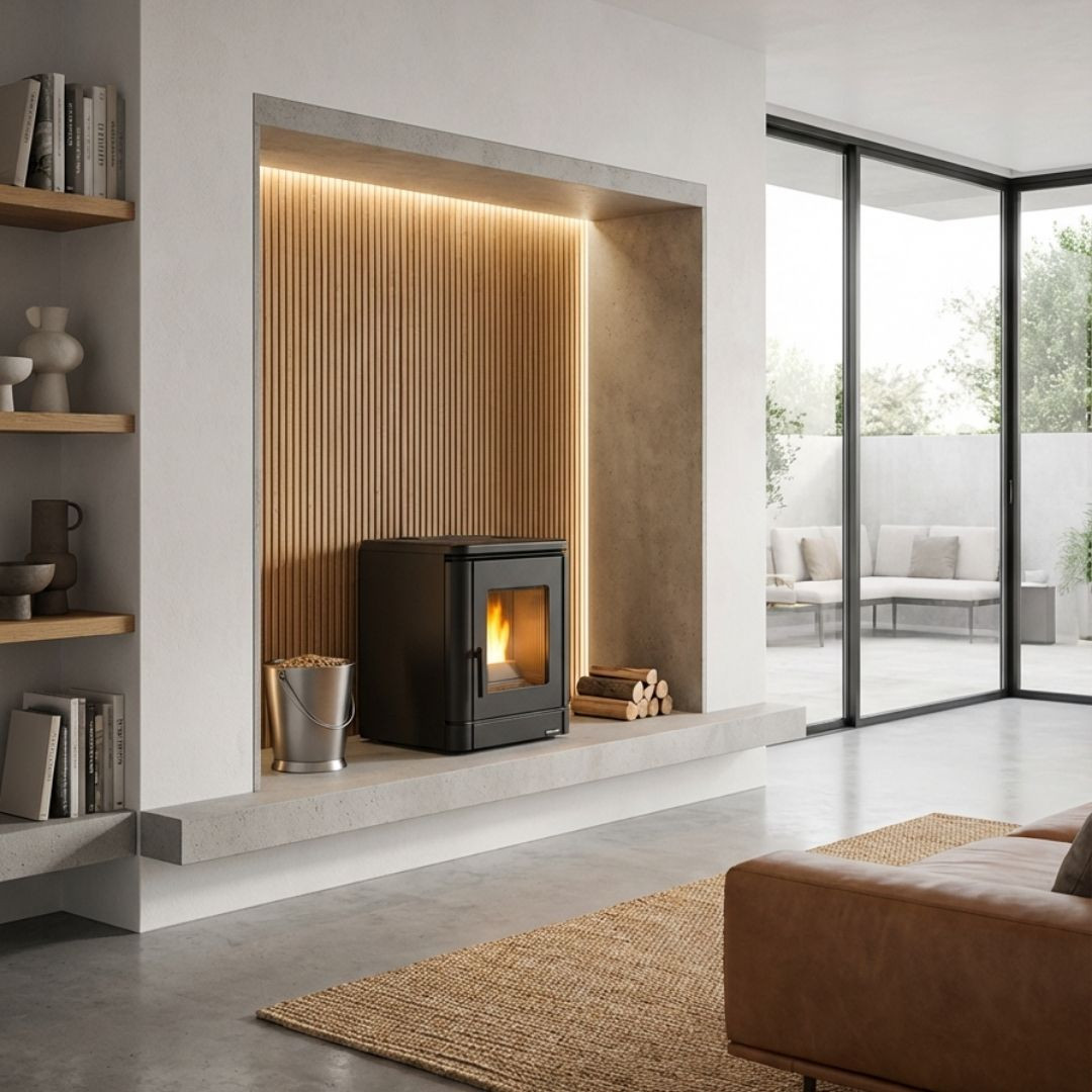 Poêle à granulés PEGGY CX 6 Kw design noir installé dans un salon moderne avec niche murale éclairée