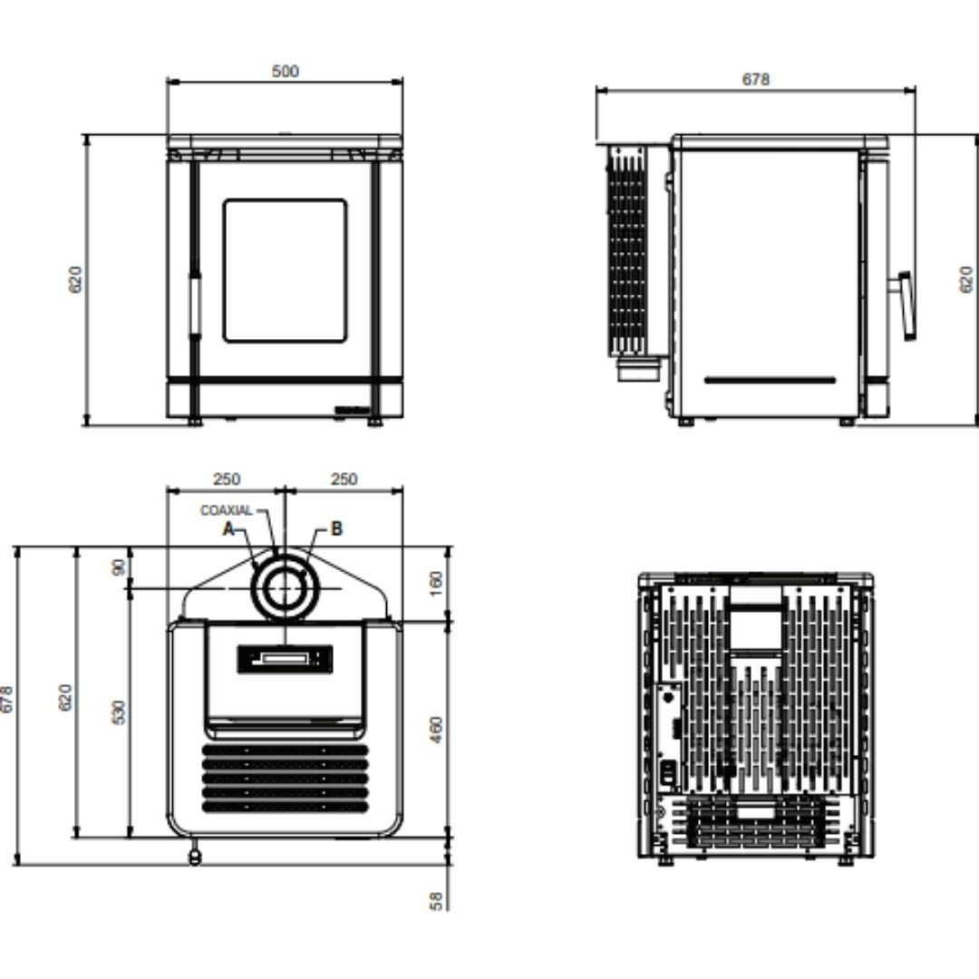 Plan technique et dimensions du poêle à granulés étanche PEGGY CX 6 Kw avec vues face, profil et dessus