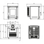 Plan technique et dimensions du poêle à granulés étanche PEGGY CX 6 Kw avec vues face, profil et dessus