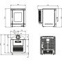 Plan technique et dimensions du poêle à granulés étanche PEGGY CX 6 Kw avec vues face, profil et dessus