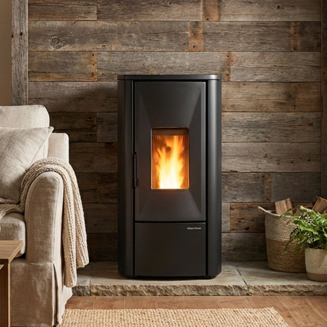 Poêle à granulés Lina Top 7kw noir design compact en situation dans salon ambiance chalet bois