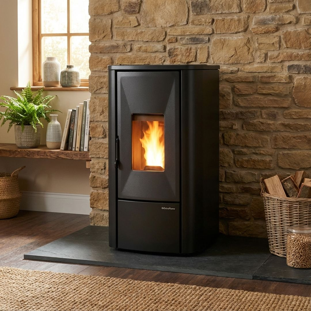 Poêle à granulés Lina Top 7kw noir installé dans un salon avec mur en pierre et flamme allumée