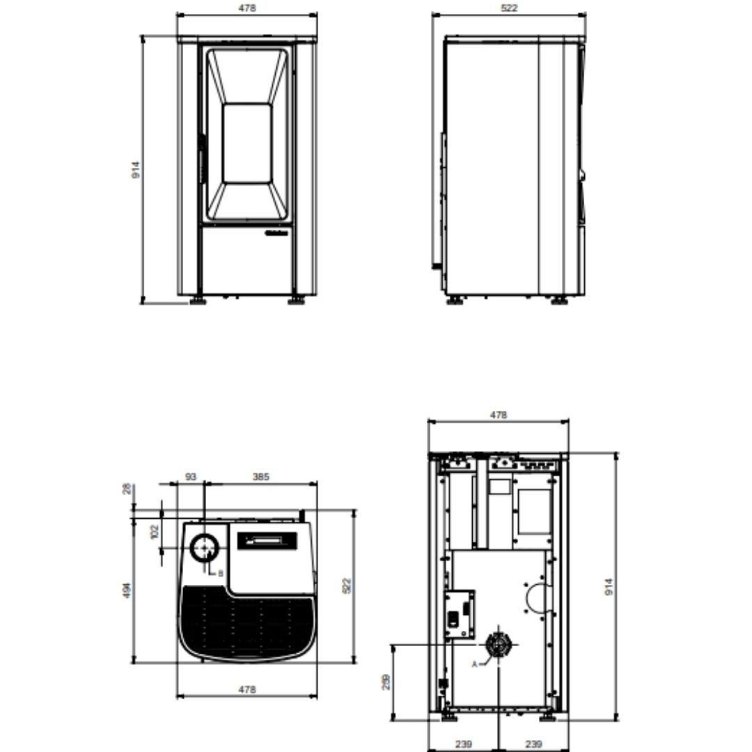 Plan technique et dimensions du poêle à granulés Lina Top 7kw avec vues de face, côté et dessus