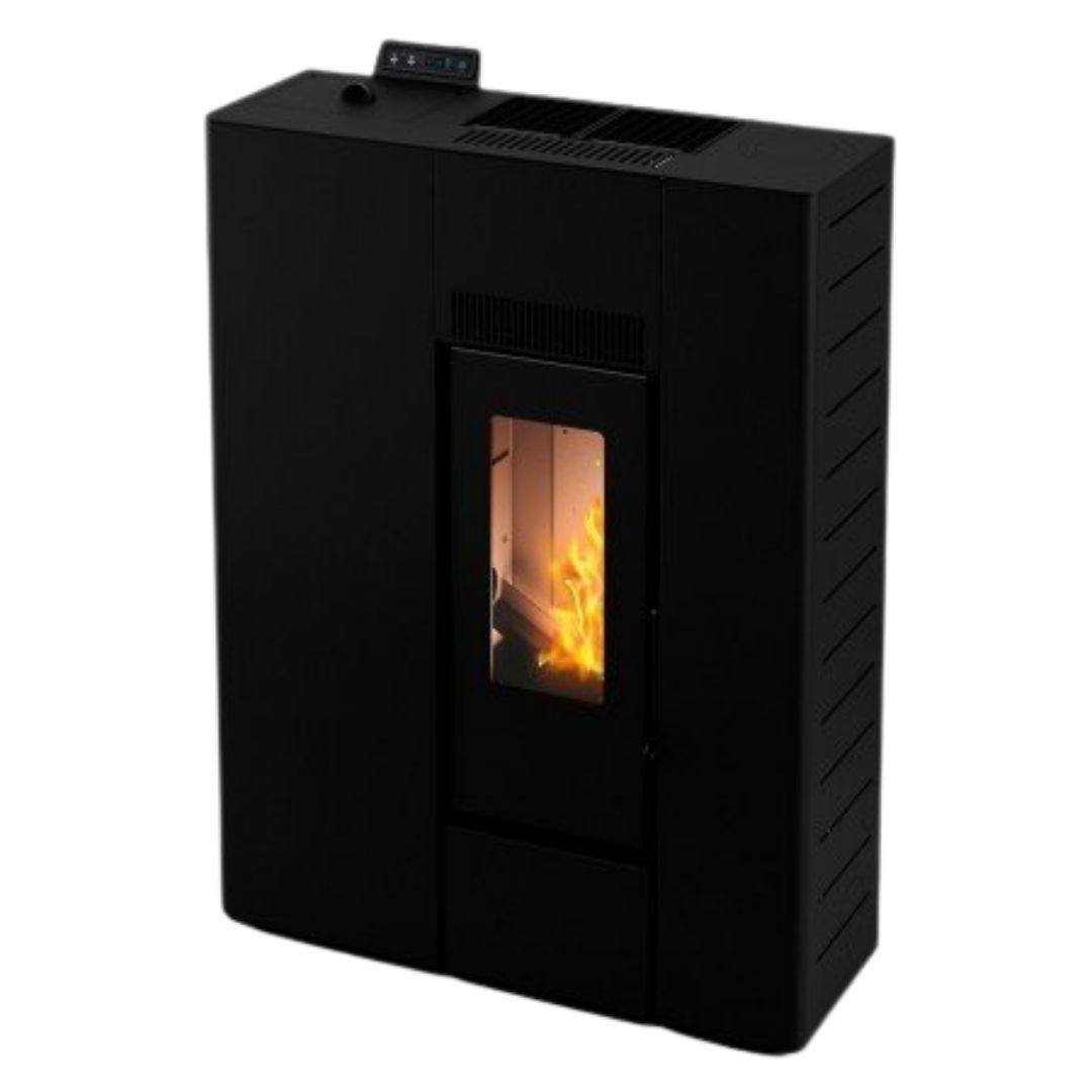 Poêle à granulés design noir extra plat 10 kW avec vitre feu et panneau de commande digital