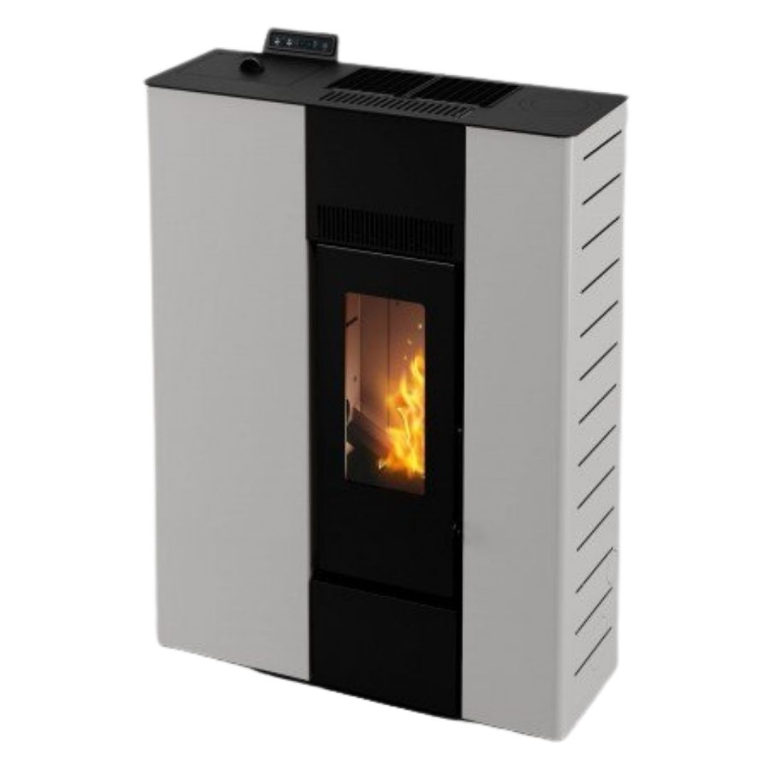 Poêle à granulés design compact blanc et noir avec vitre centrale flamme allumée et panneau de commande 10 kW