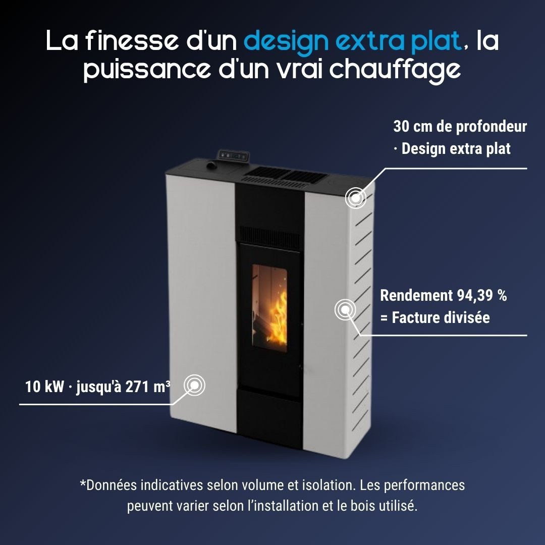 Poêle à granulés Cross 10 Linea design extra plat blanc et noir 10 kW avec vitre flammes rendement 94%