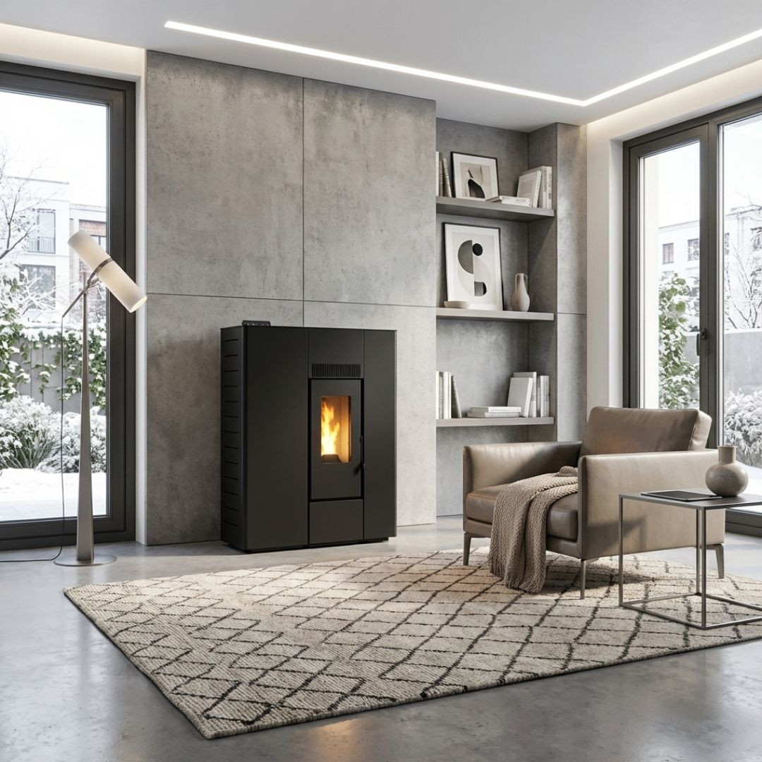 Poêle à granulés design noir extra plat 10 kW installé dans un salon contemporain avec feu allumé