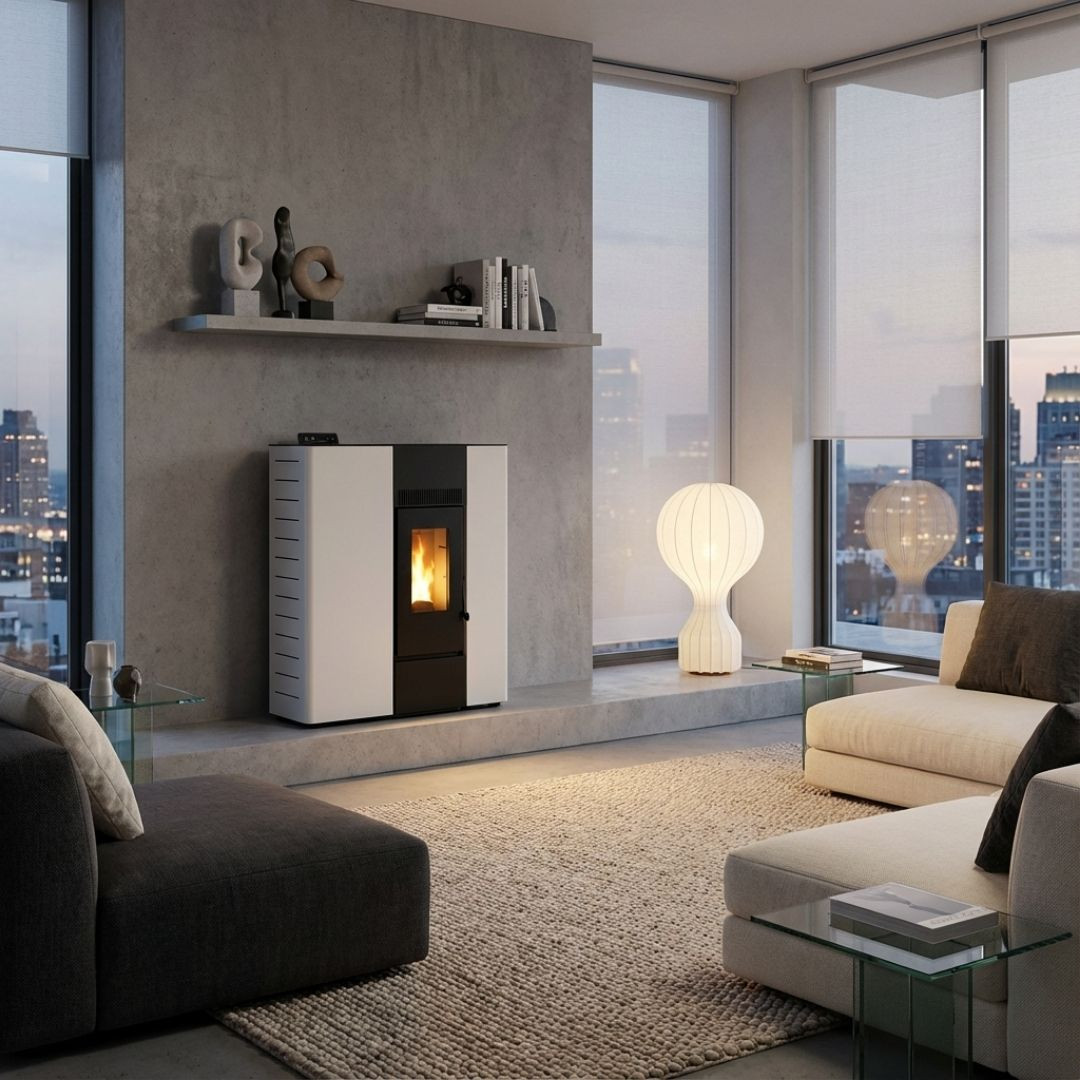 Poêle à granulés design blanc et noir 10 kW installé dans un salon moderne avec vue urbaine