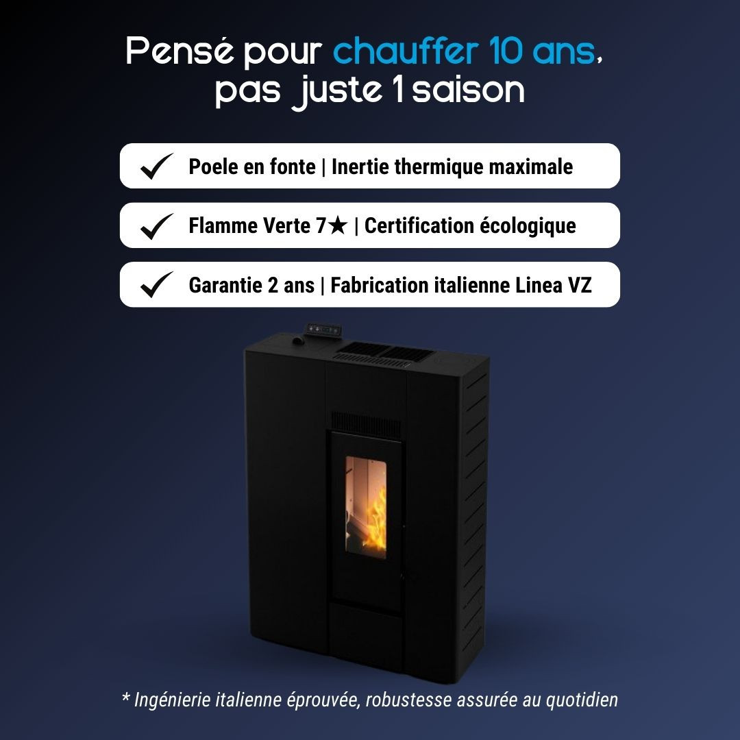 Poêle à granulés Linea VZ Cross 10 noir design extra plat 10 kW avec flamme visible certification Flamme Verte