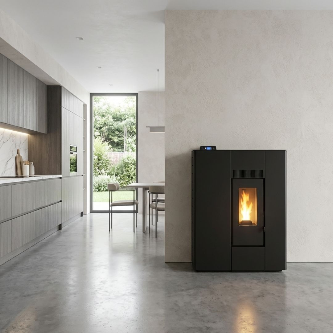 Poêle à granulés Cross 10 Linea design noir extra plat installé dans une cuisine moderne ouverte