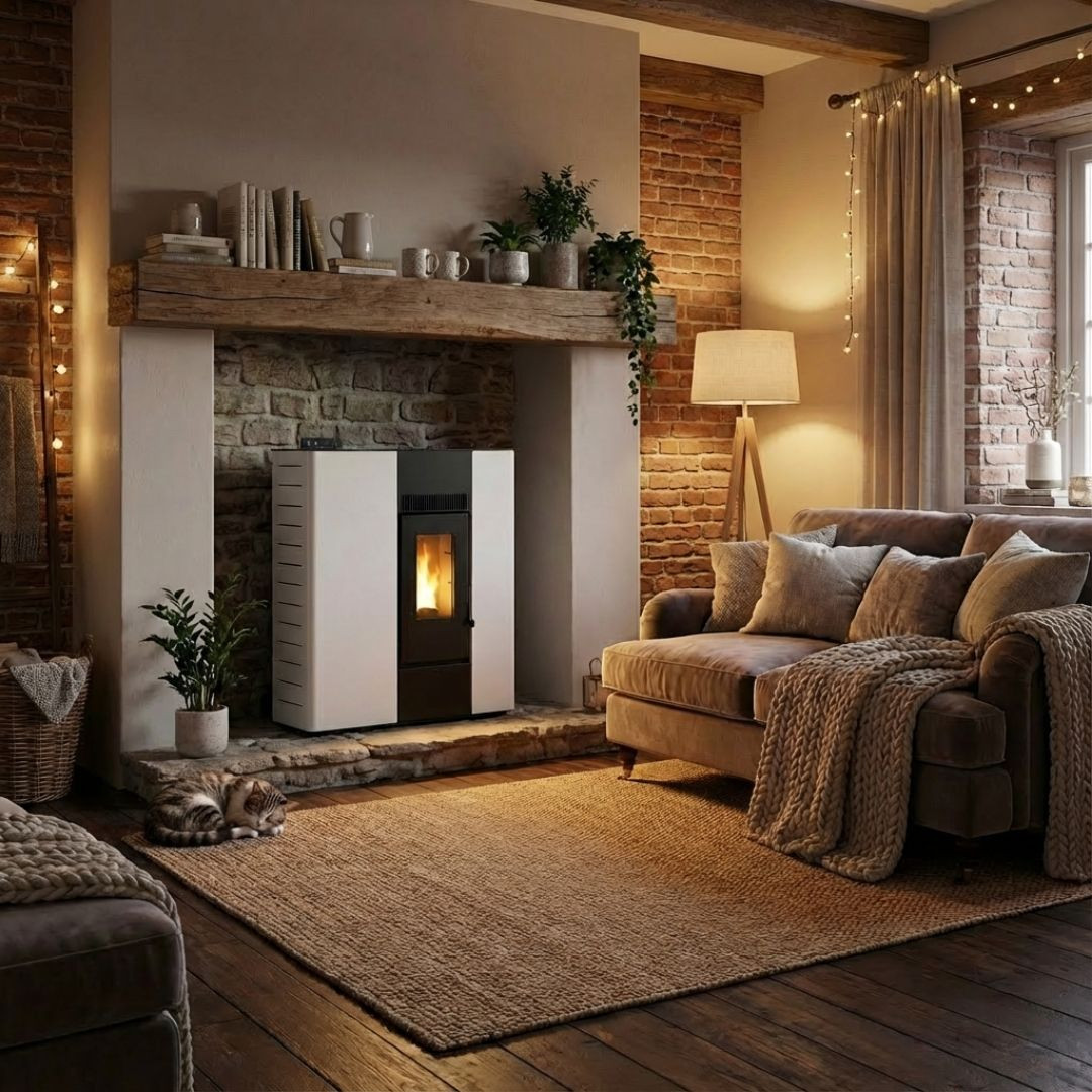 Poêle à granulés Cross 10 Linea design blanc installé dans un salon cosy avec cheminée rustique