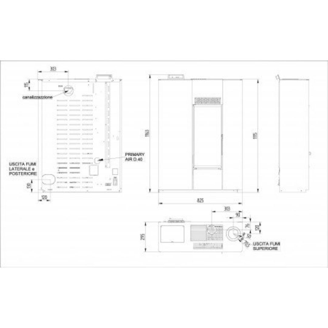 Plan technique et dimensions du poêle à pellets extra plat Cross 10 Linea vz 10 kW