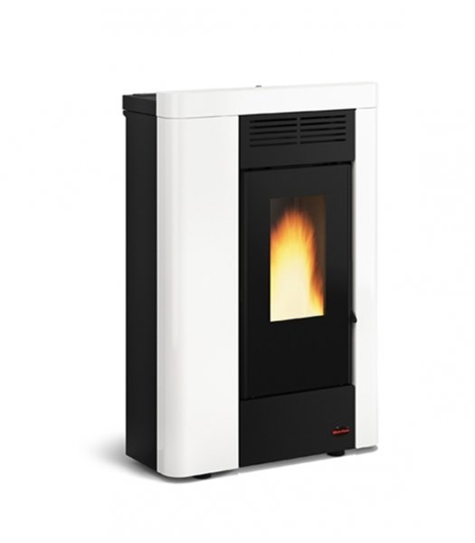 Poêle à granulés ANNABELLA AD EVO blanc et noir 9 kW avec flamme allumée