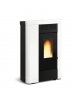 Poêle à granulés ANNABELLA 8 kW moderne en blanc et noir avec flamme vive, idéal pour chauffer votre maison.
