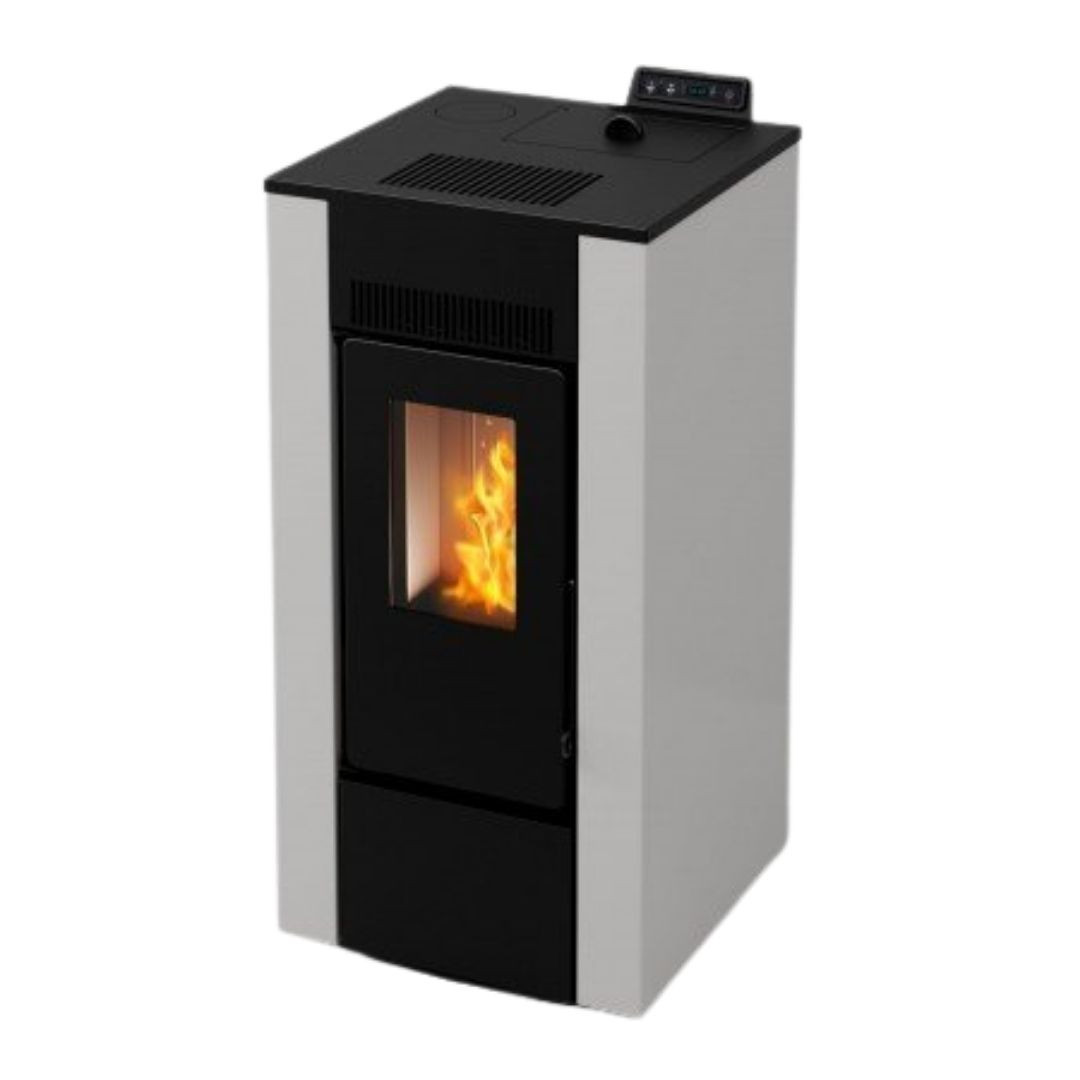 Poêle à granulés Linea VZ Free 9 noir et blanc avec vitre feu allumé et panneau de commande 8kW
