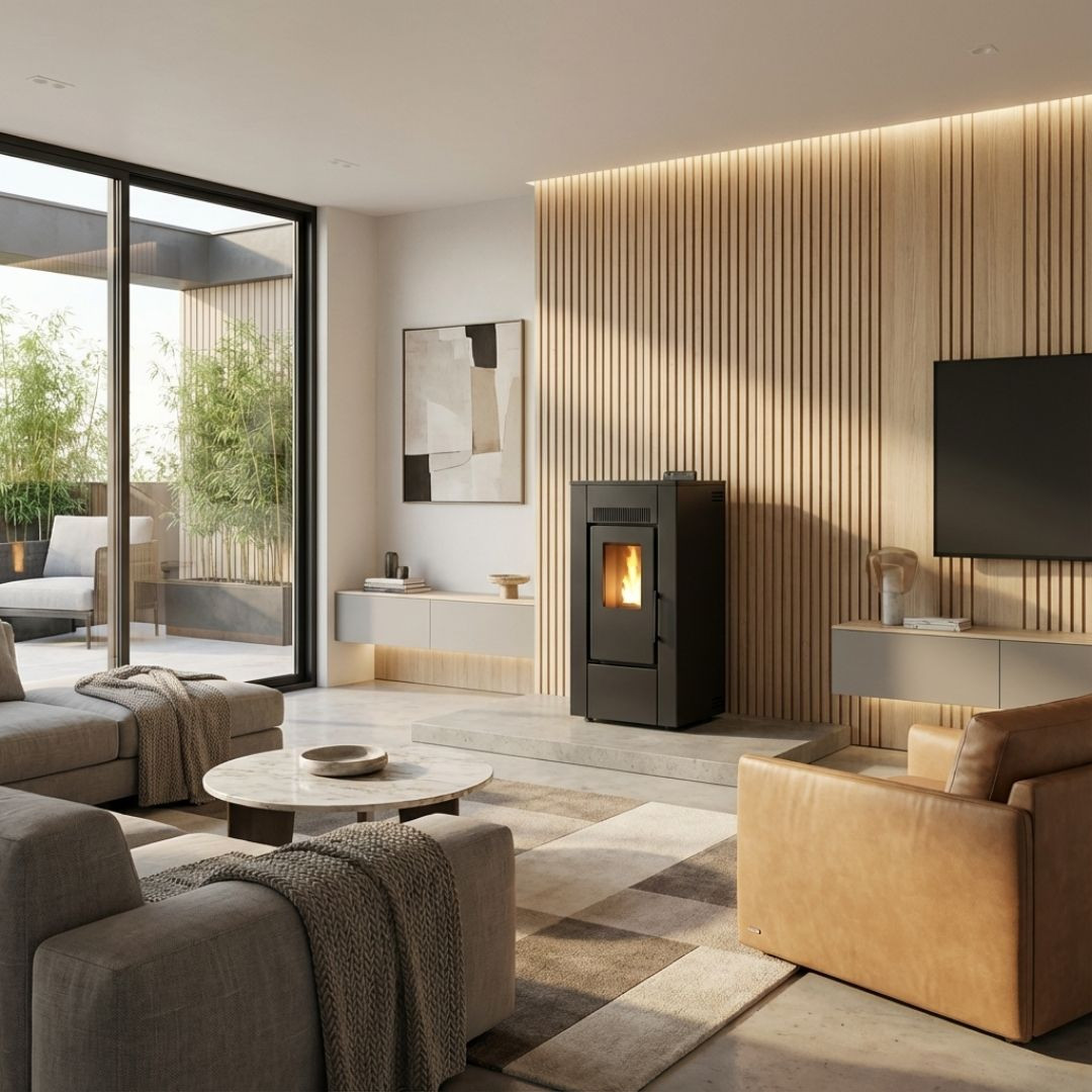 Poêle à granulés Linea VZ Free 9 noir 8kW installé dans un salon contemporain avec flamme allumée