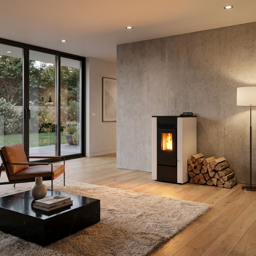 Poêle à granulés Linea VZ Free 9 8kW blanc et noir installé dans un salon moderne avec mur béton