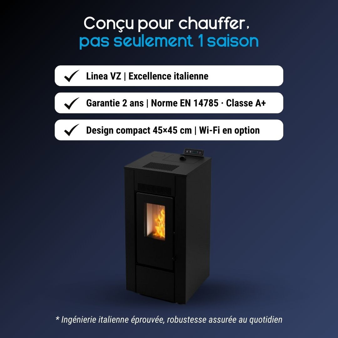 Poêle à granulés Linea VZ Free 9 noir compact 8kW avec design moderne et flamme visible