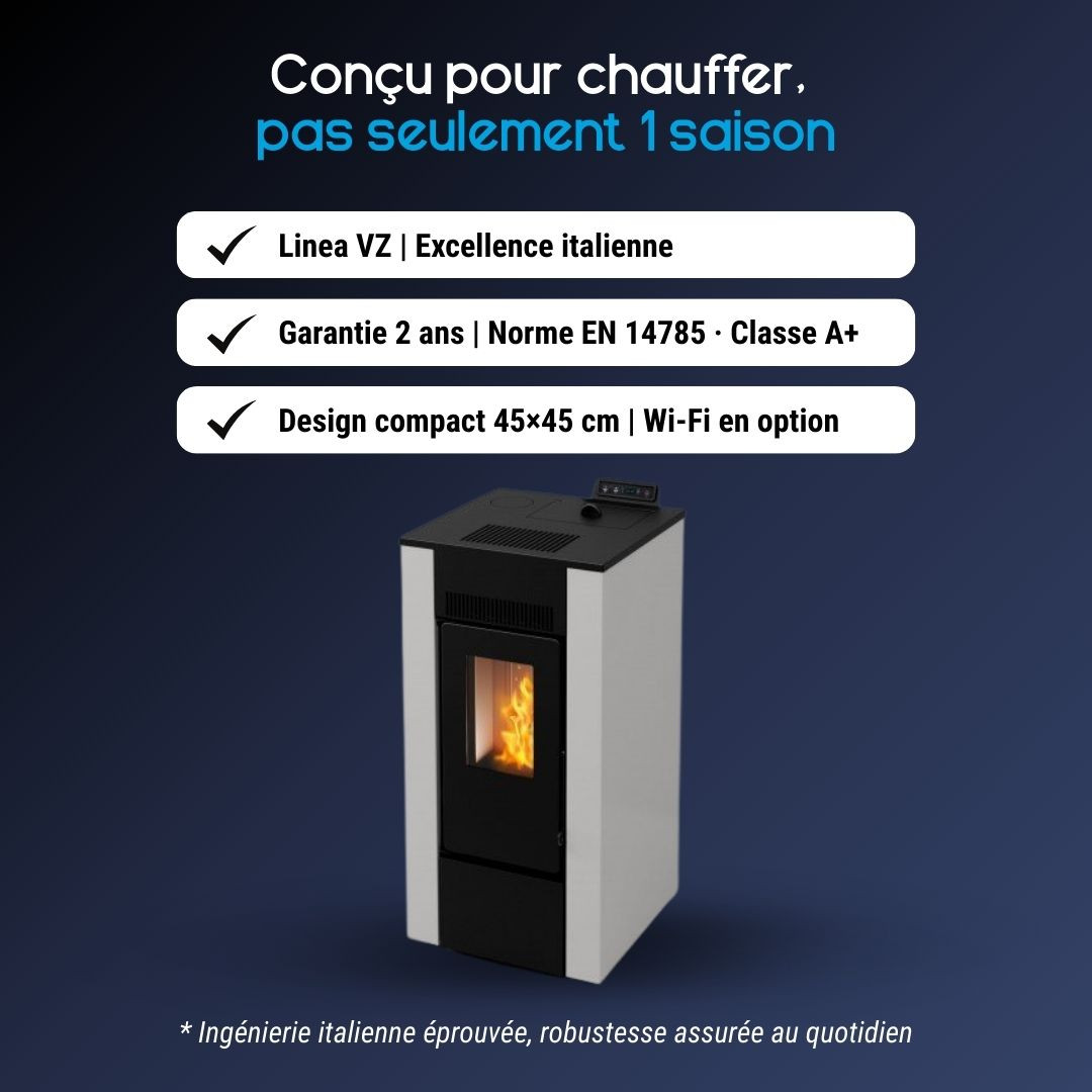 Poêle à granulés Linea VZ Free 9 blanc et noir 8kW design compact avec flammes visibles