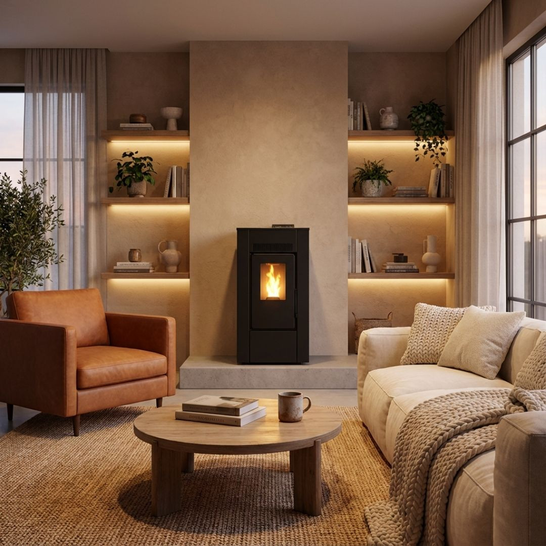 Poêle à granulés noir 8kW Linea VZ installé dans un salon moderne avec flamme visible