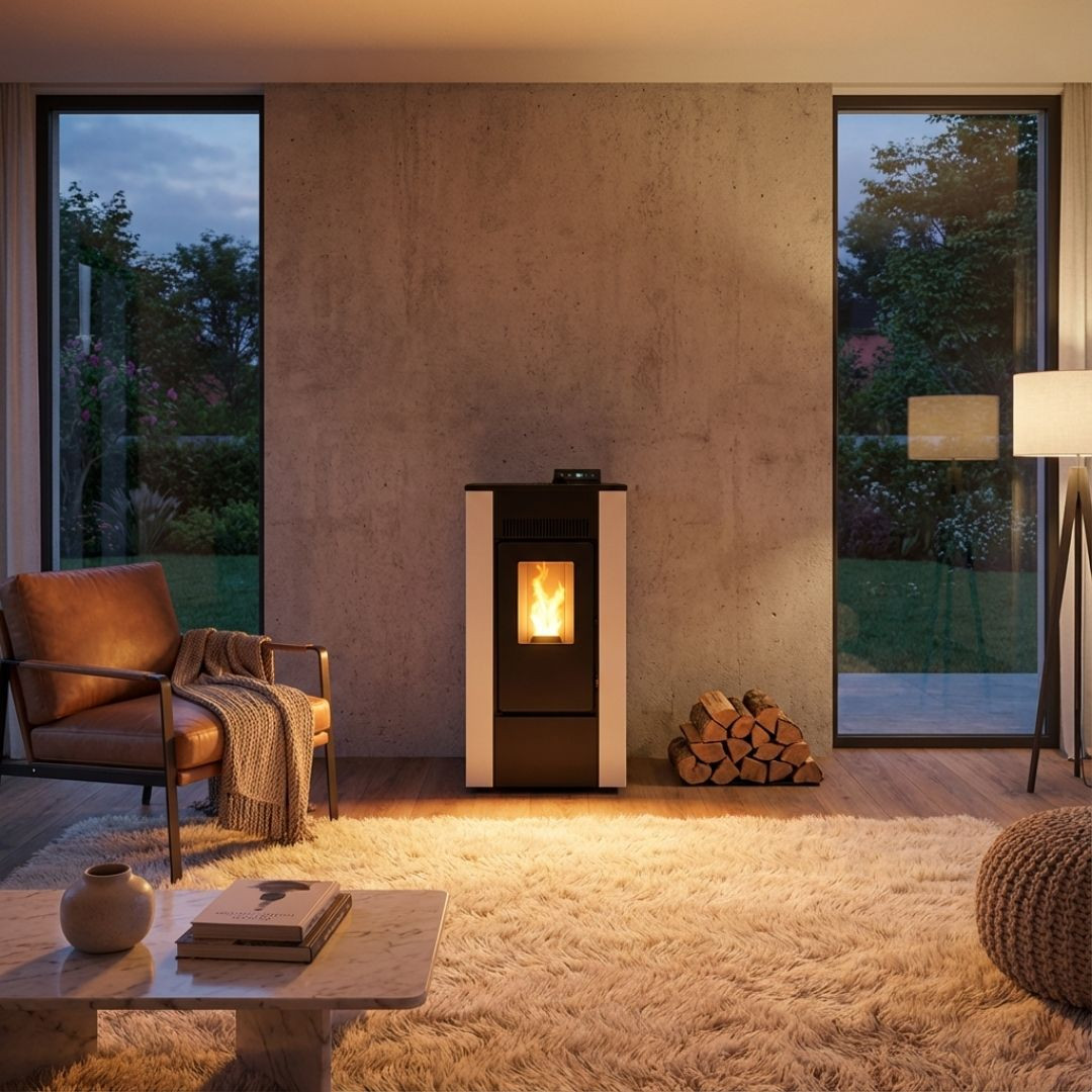 Poêle à granulés Linea VZ Free 9 design bicolore beige et noir en situation dans un salon moderne