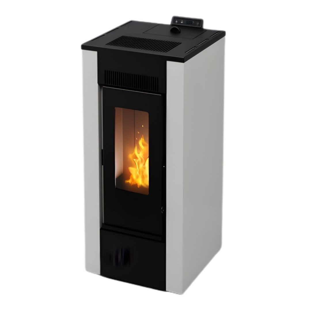 Poêle à granulés Maxifree 12 kW noir et blanc avec vitre panoramique et flammes allumées