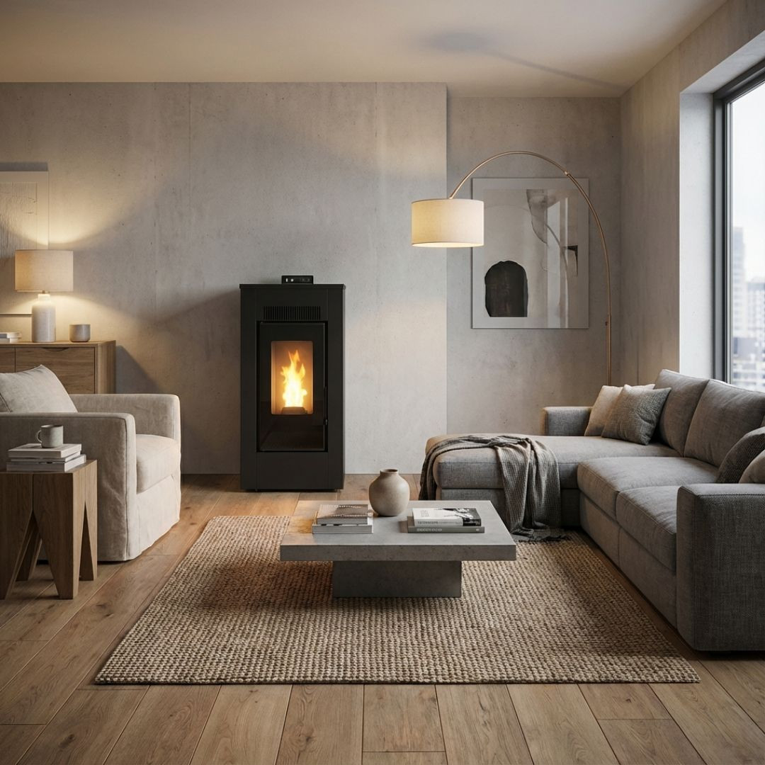 Poêle à granulés Maxifree 12 kW noir installé dans un salon moderne avec flammes allumées