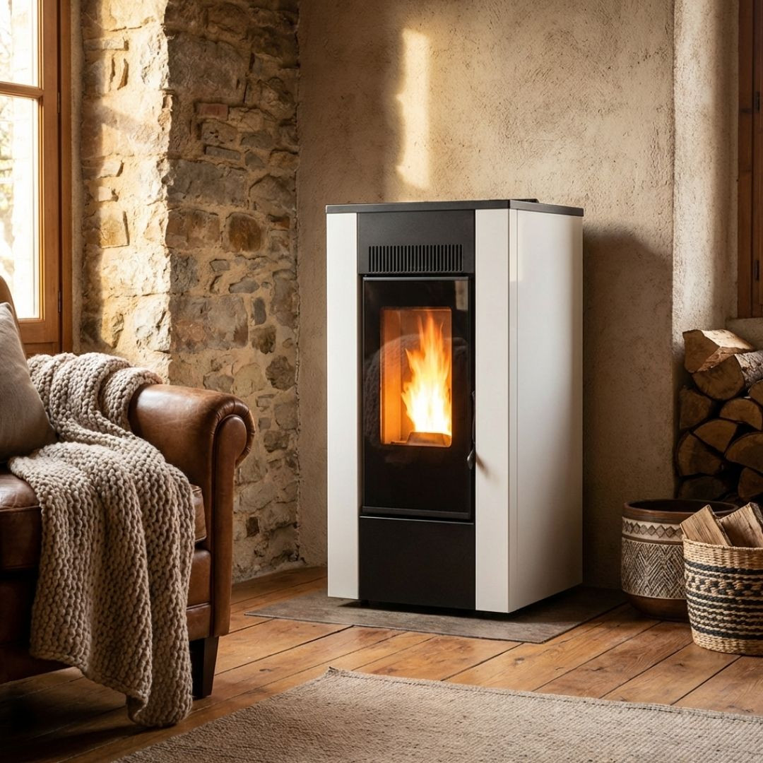 Poêle à granulés Maxifree blanc et noir 12 kW allumé dans un salon rustique