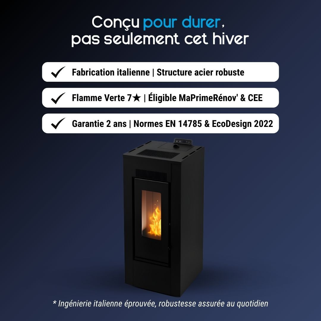 Poêle à granulés Maxifree noir 12 kW design moderne avec flamme visible et structure acier robuste