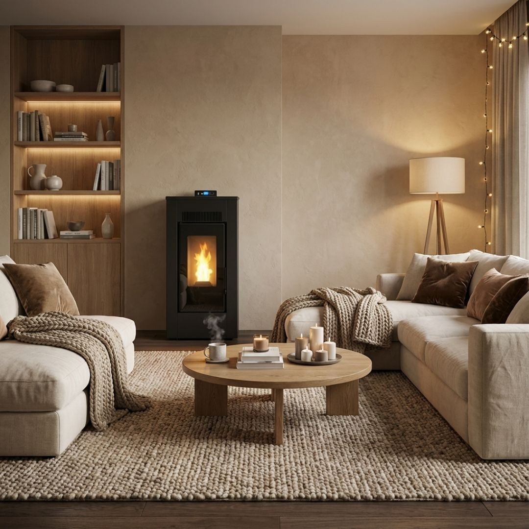 Poêle à granulés Maxifree 12 kW noir installé dans un salon contemporain avec flamme allumée