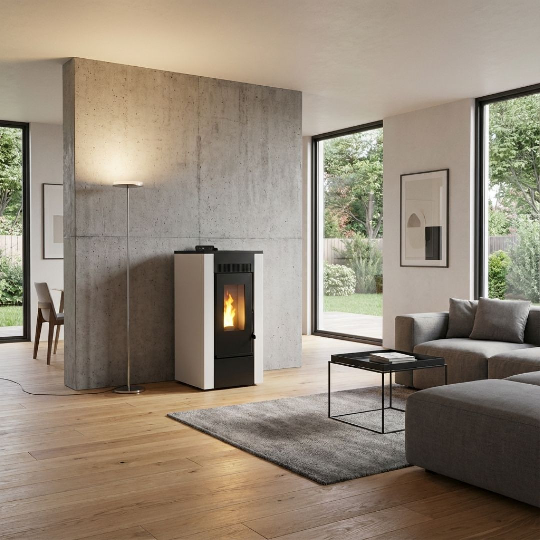 Poêle à granulés Maxifree 12 kW blanc et noir installé dans un salon moderne avec mur béton