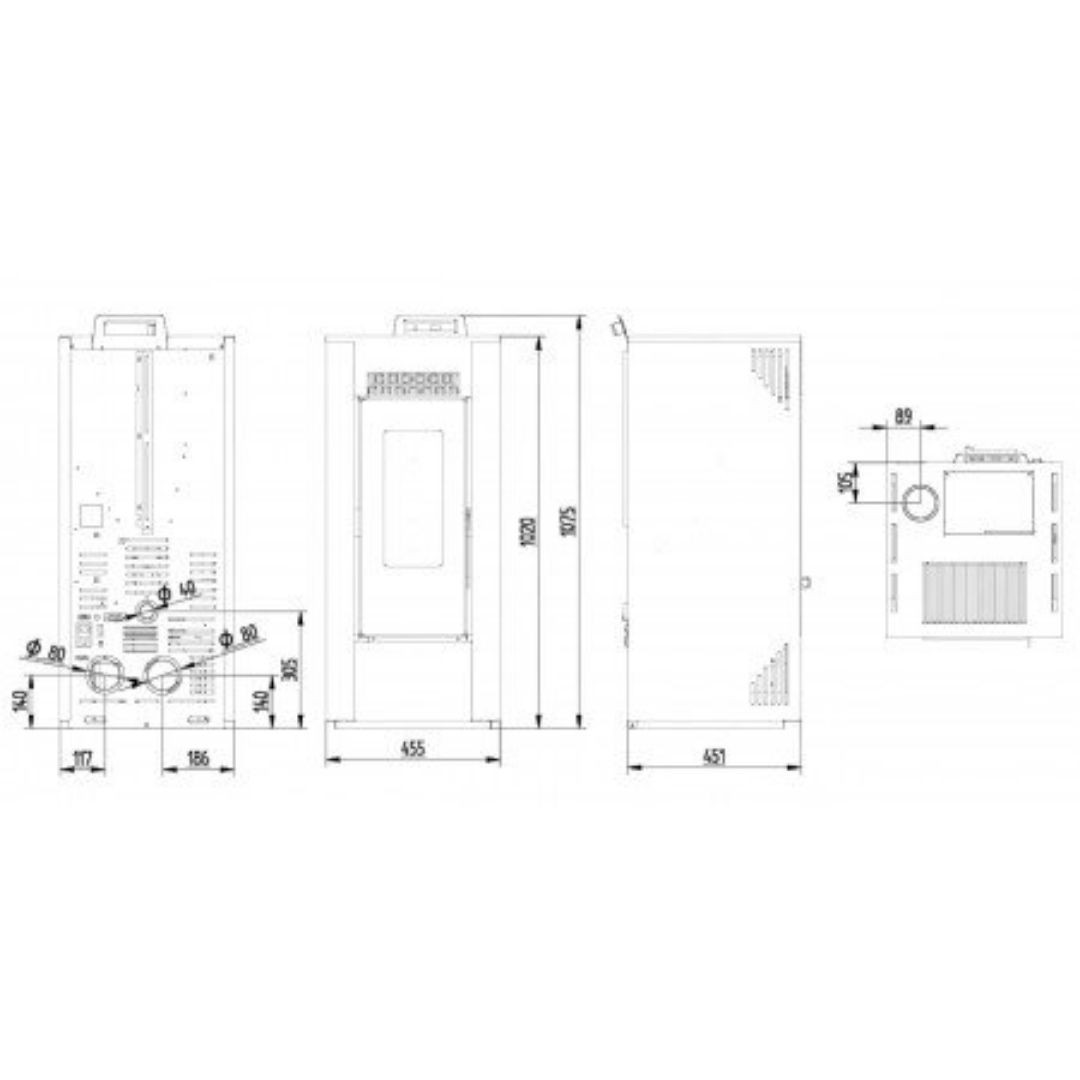 Plan technique et dimensions du poêle à granulés étanche Maxifree 12 kW avec vues arrière et latérale