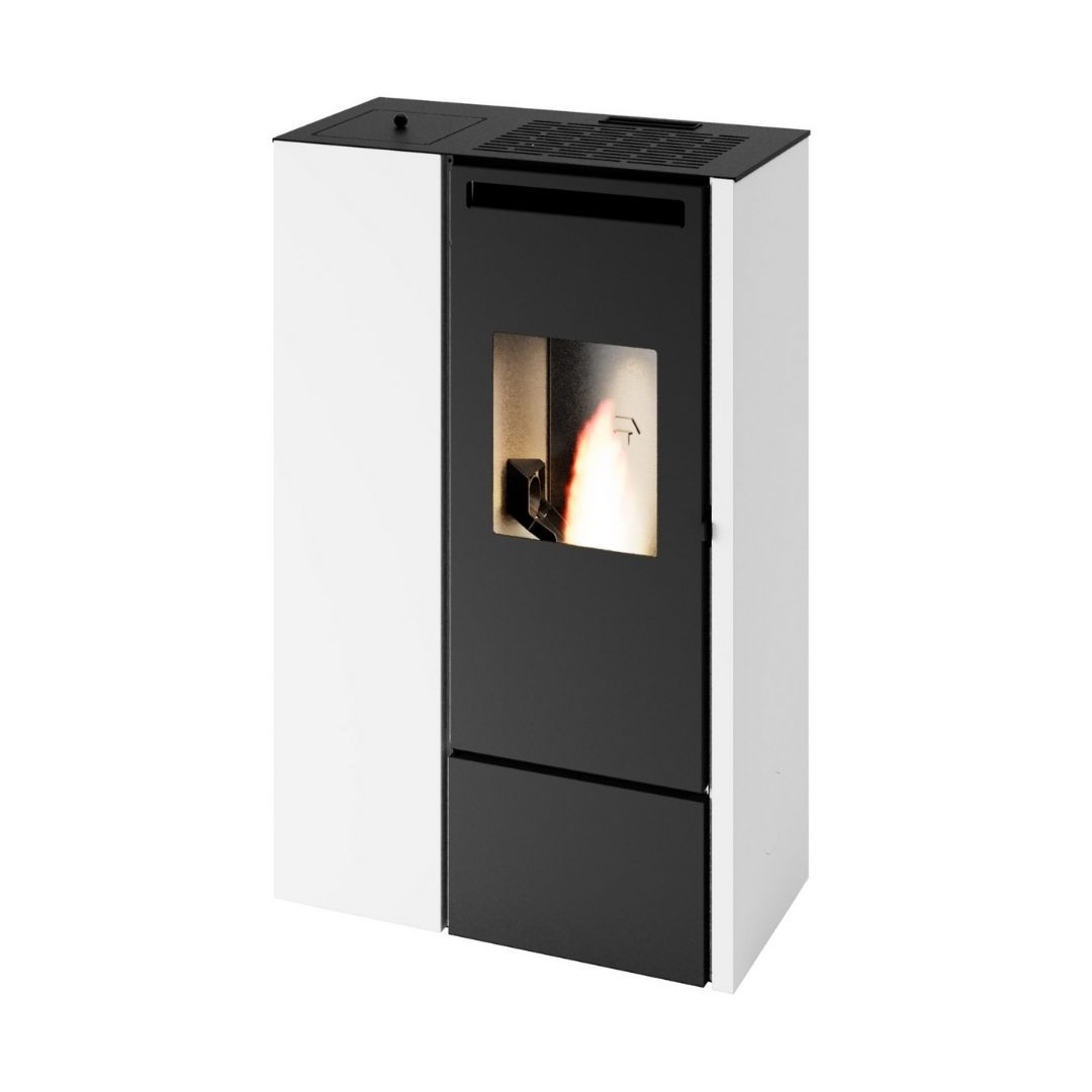 Poêle à granulés Eva Calor Pia 11 kW blanc et noir design ultra plat avec vitre et tiroir à pellets