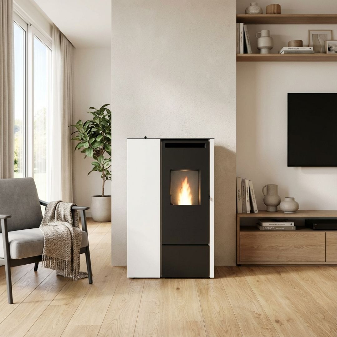 Poêle à granulés Eva Calor Pia 11 kW design ultra plat blanc et noir installé dans salon moderne