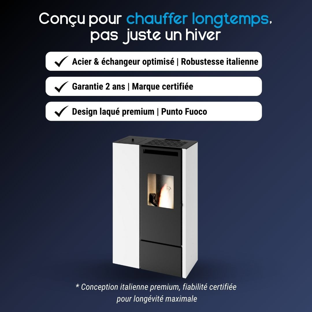 Poêle à granulés Eva Calor Pia 11 kW design ultra plat blanc et noir avec vitre Punto Fuoco