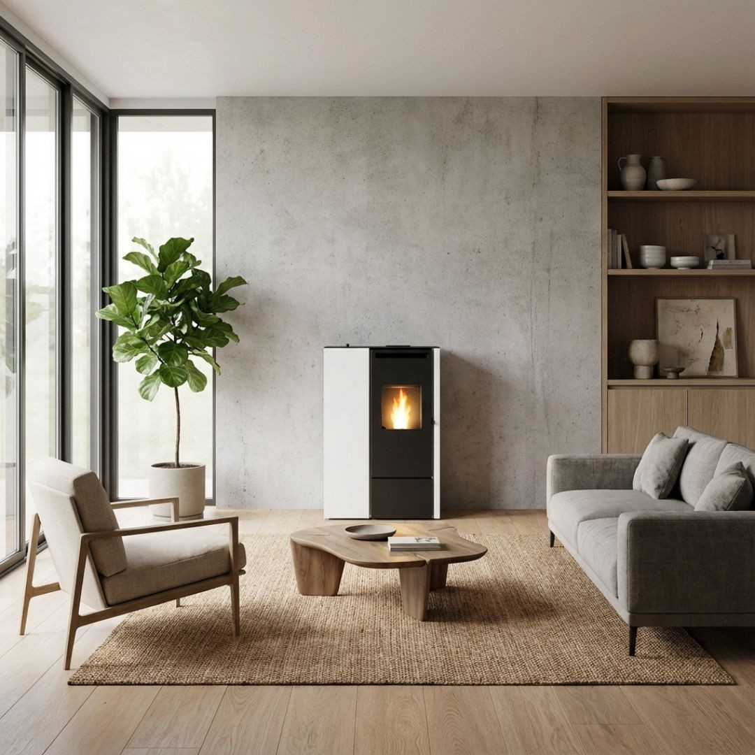 Poêle à granulés Eva Calor Pia 11 kW design ultra plat blanc et noir dans salon moderne