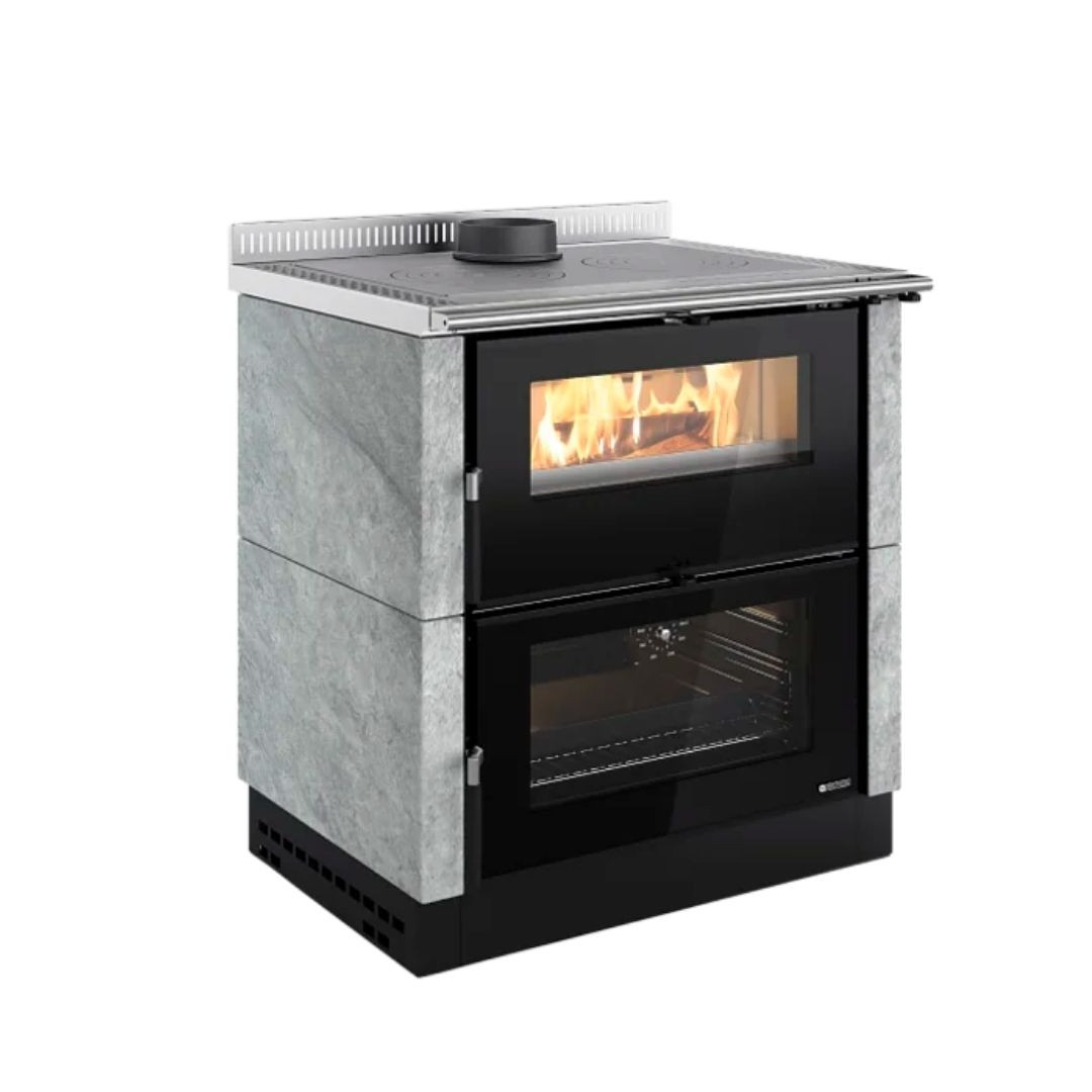 Cuisinière bois Verona XXL Petra habillage pierre ollaire avec foyer vitré et four intégré
