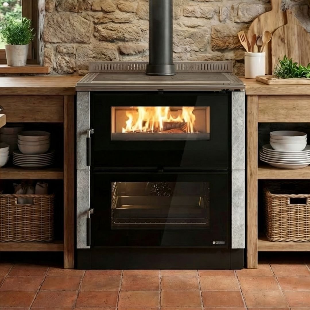 Cuisinière bois Verona XXL Petra noire avec four et foyer vitré intégrée dans cuisine rustique