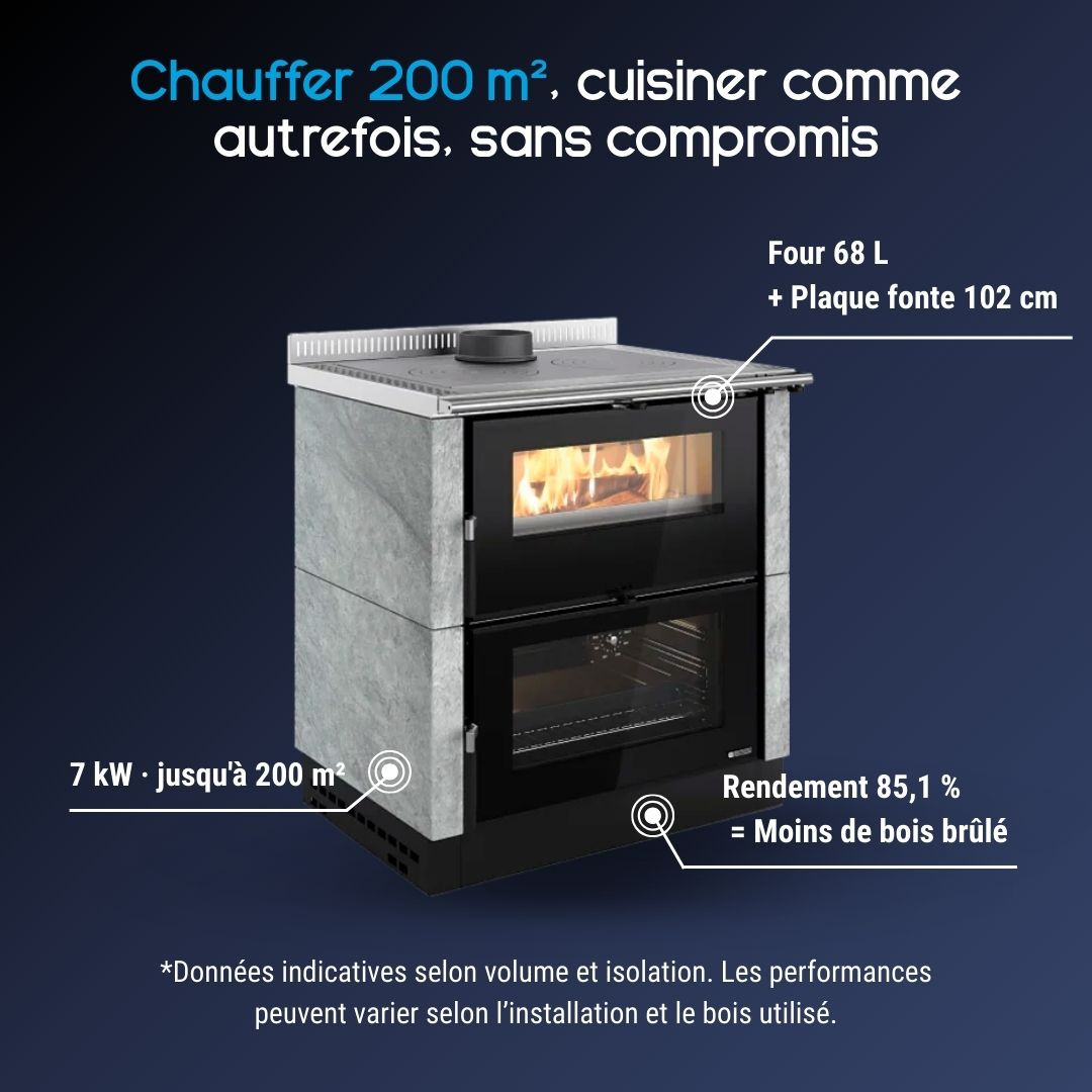 Cuisinière bois Verona XXL Petra habillage pierre ollaire avec four 68L et plaque de cuisson 102cm
