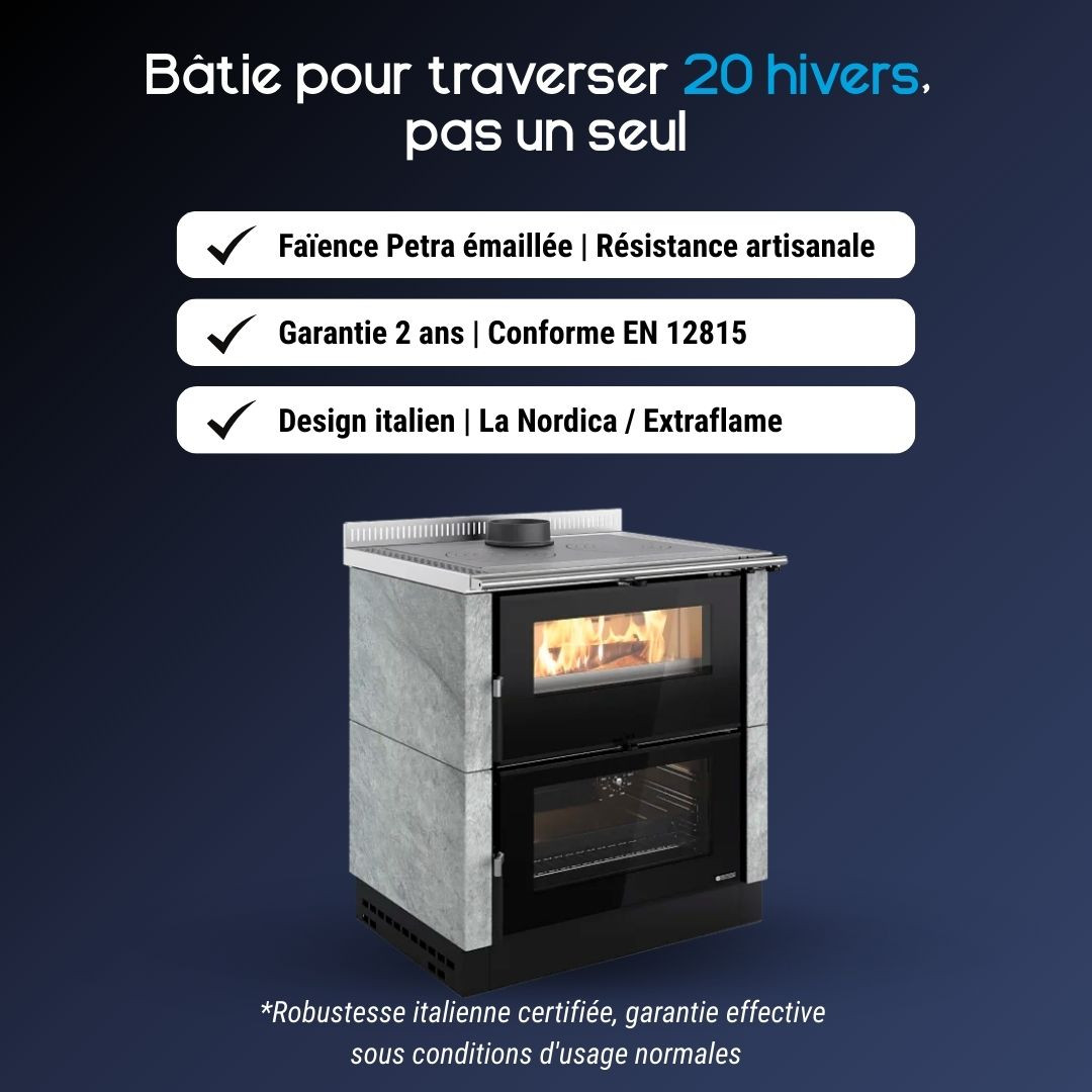 Cuisinière à bois Verona XXL Petra avec habillage pierre ollaire, foyer vitré et four intégré, design italien
