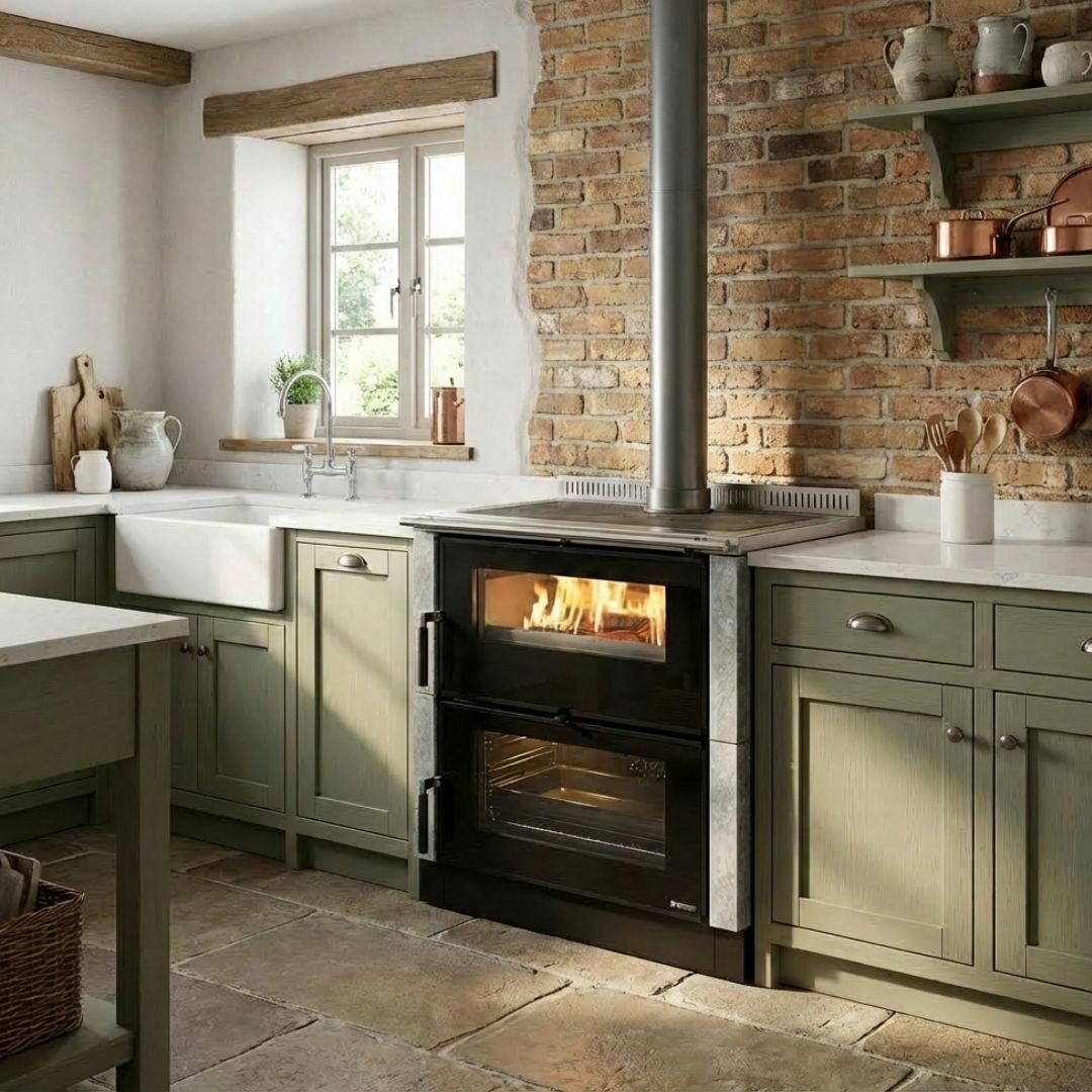Cuisinière à bois Verona XXL Petra installée dans une cuisine rustique avec mur en briques apparentes