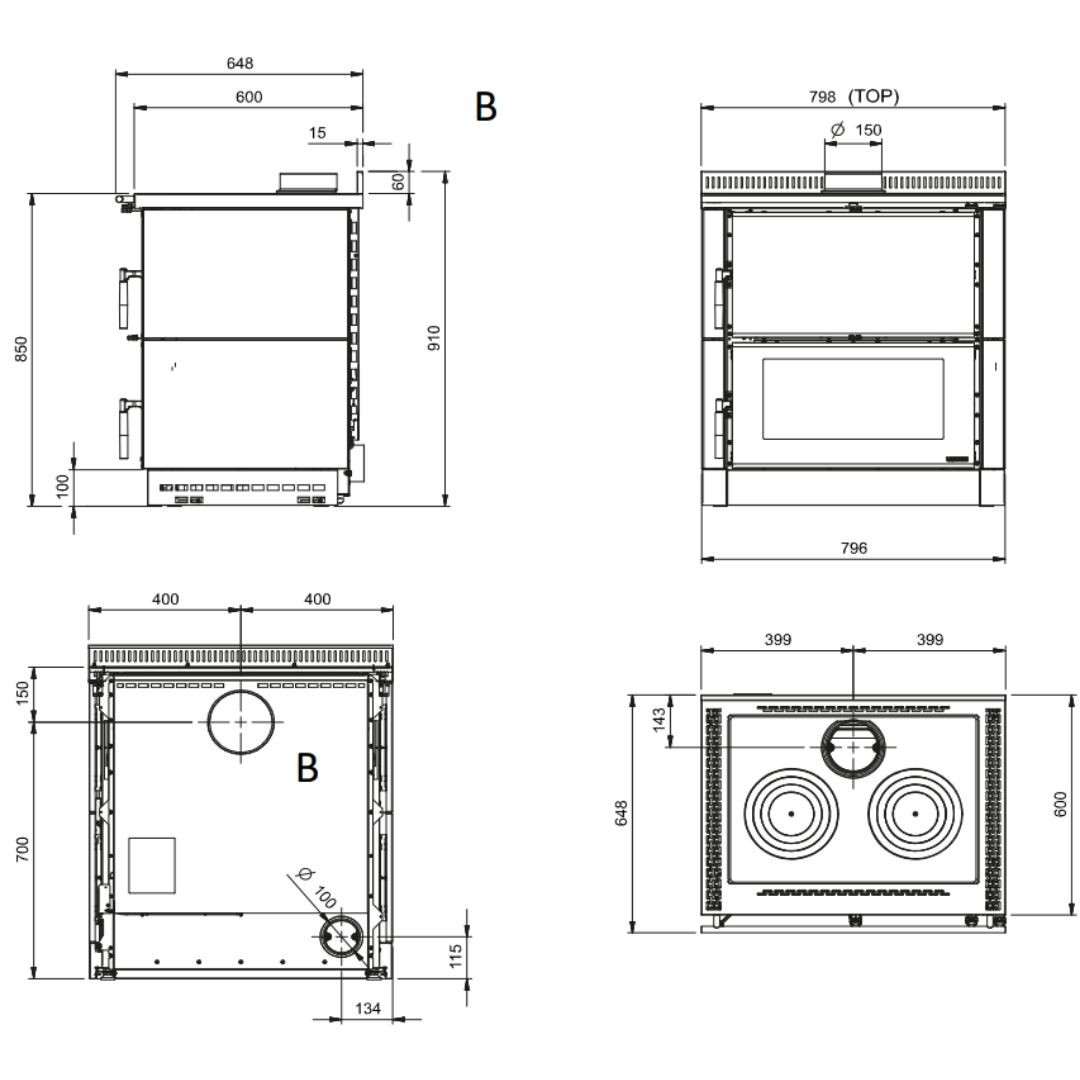 Plan technique de la cuisinière à bois Verona XXL Petra avec dimensions et vues détaillées
