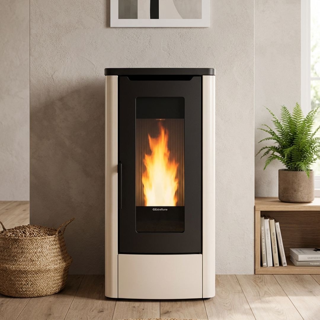 Poêle à granulés Dahiana VFS design moderne bicolore noir et blanc 10 kW allumé dans un salon contemporain