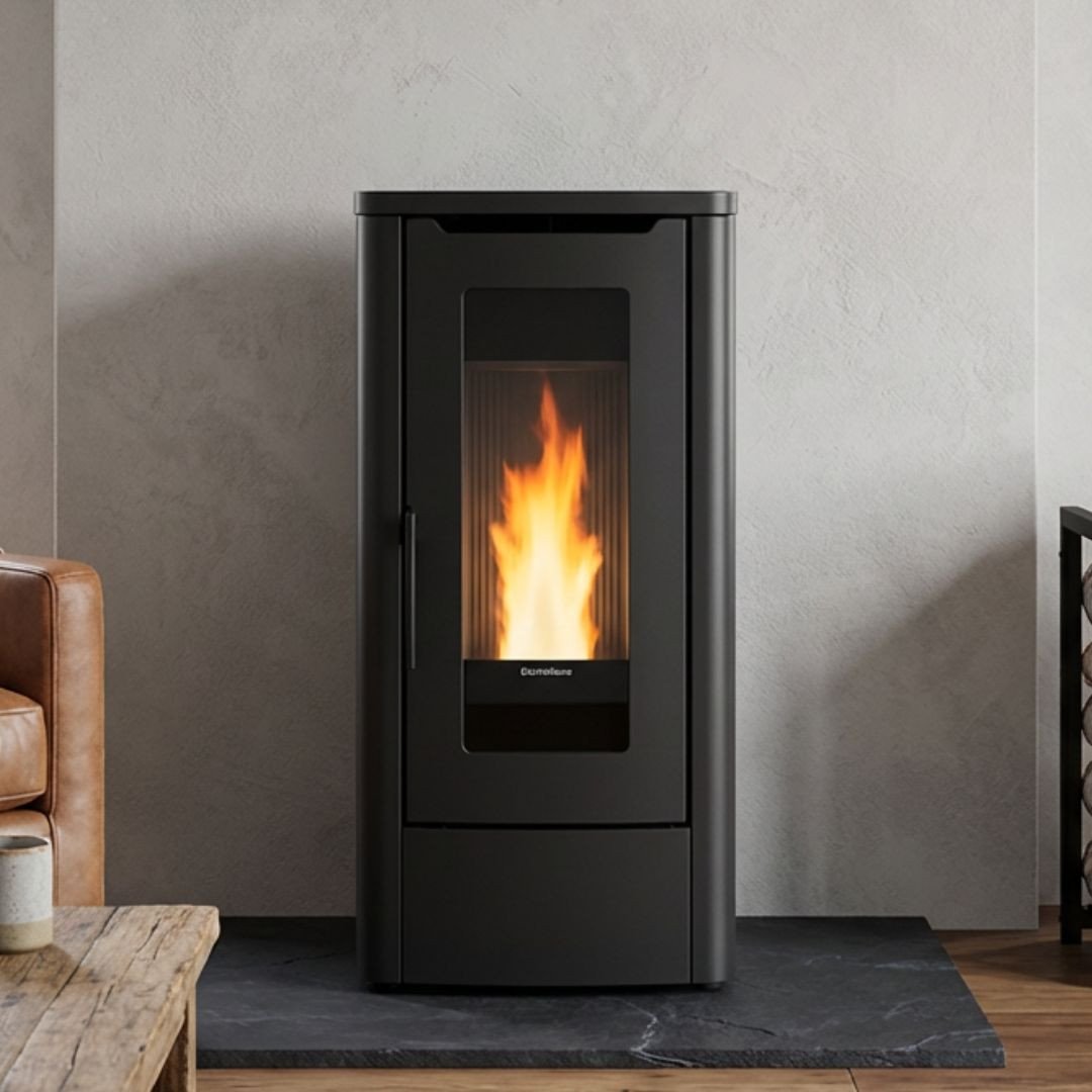 Poêle à granulés Dahiana VFS noir design contemporain 10 kW avec flamme visible dans un intérieur moderne