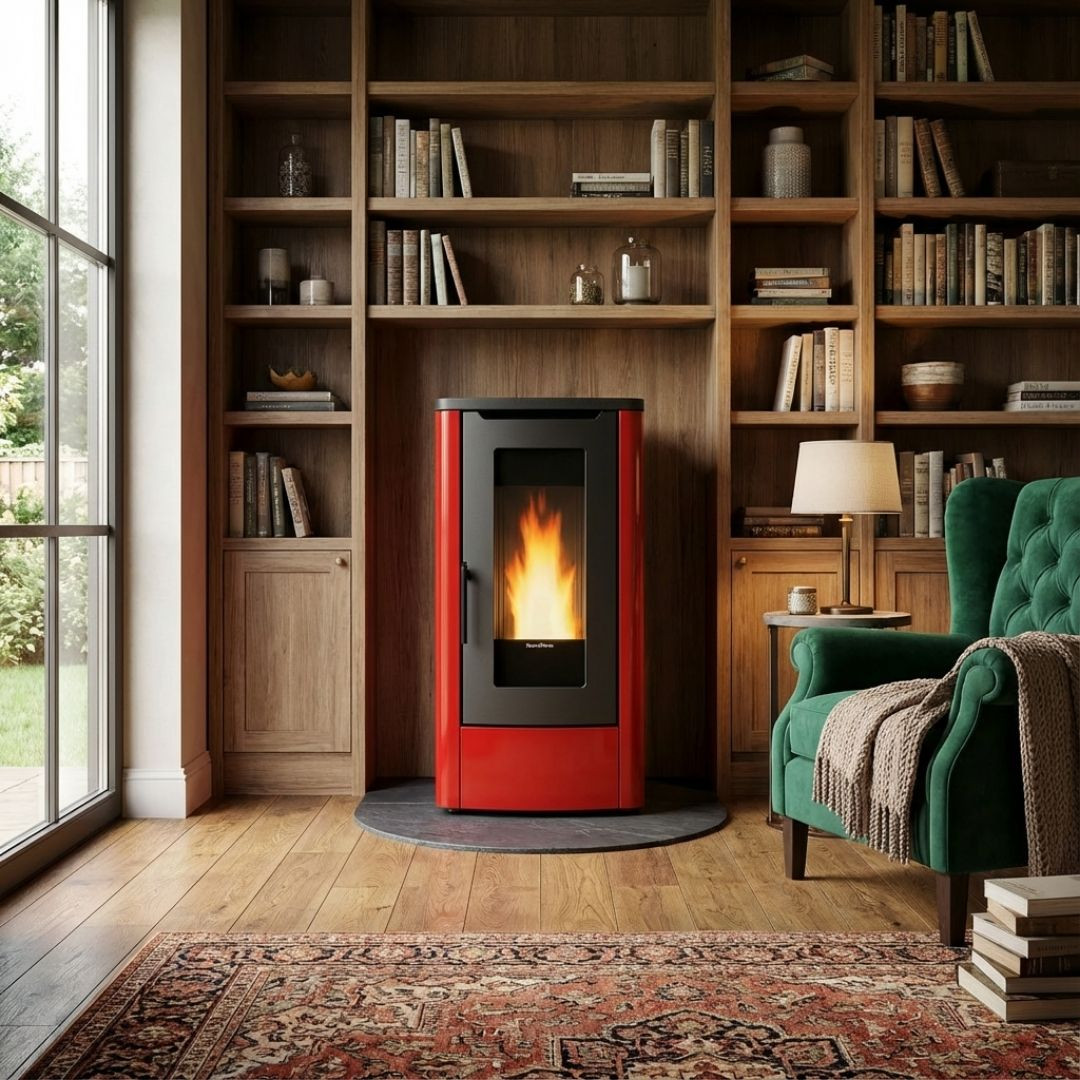 Poêle à granulés Dahiana rouge et noir 10 kW dans un salon avec bibliothèque en bois