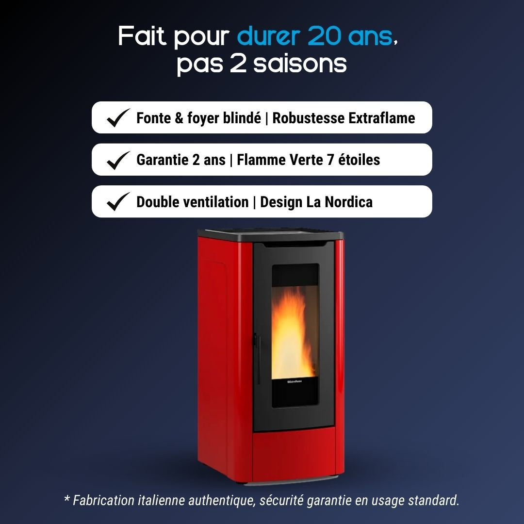 Poêle à granulés rouge et noir design La Nordica avec double ventilation et flamme verte 7 étoiles