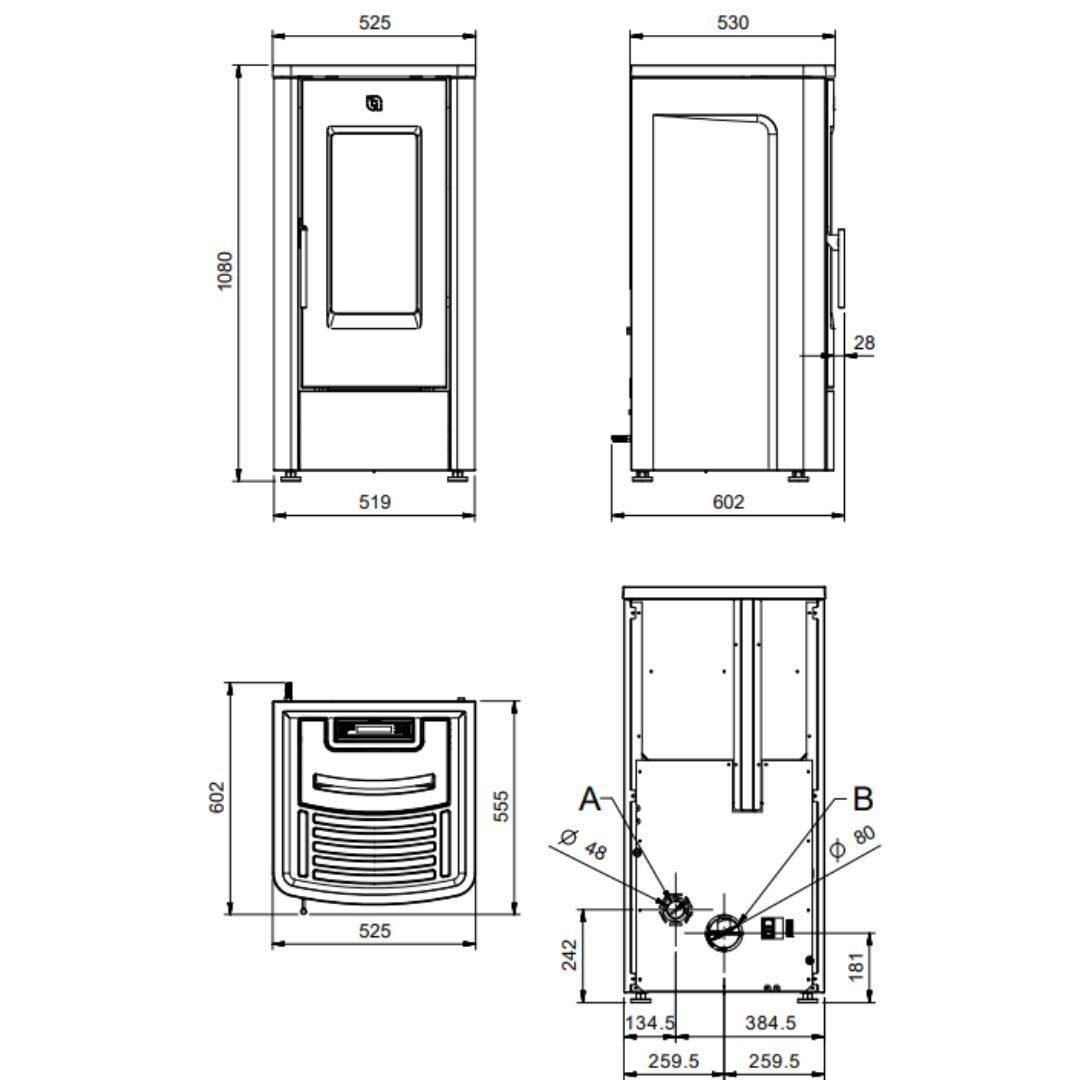 Plan technique et dimensions du poêle à granulés Dahiana VFS 10 kW avec vues face, profil et dessus