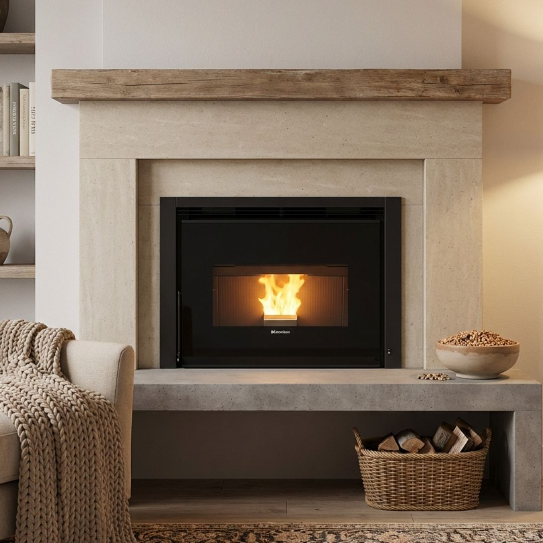 Insert à granulés Comfort P85 Plus 12 kW encastré dans cheminée avec façade noire et flamme visible