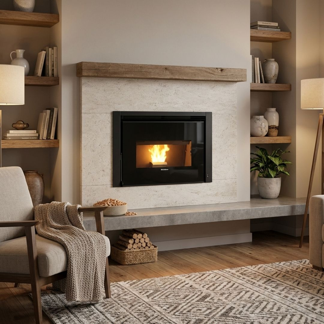 Insert à granulés encastrable 12 kW avec cadre noir installé dans cheminée contemporaine en pierre claire
